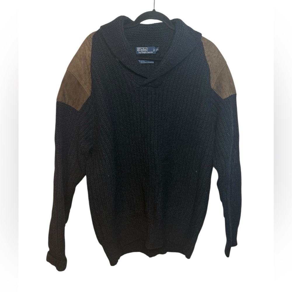 Polo Ralph Lauren Vintage Black Wool Apaca Shawl Sweater With Suede Patchwork